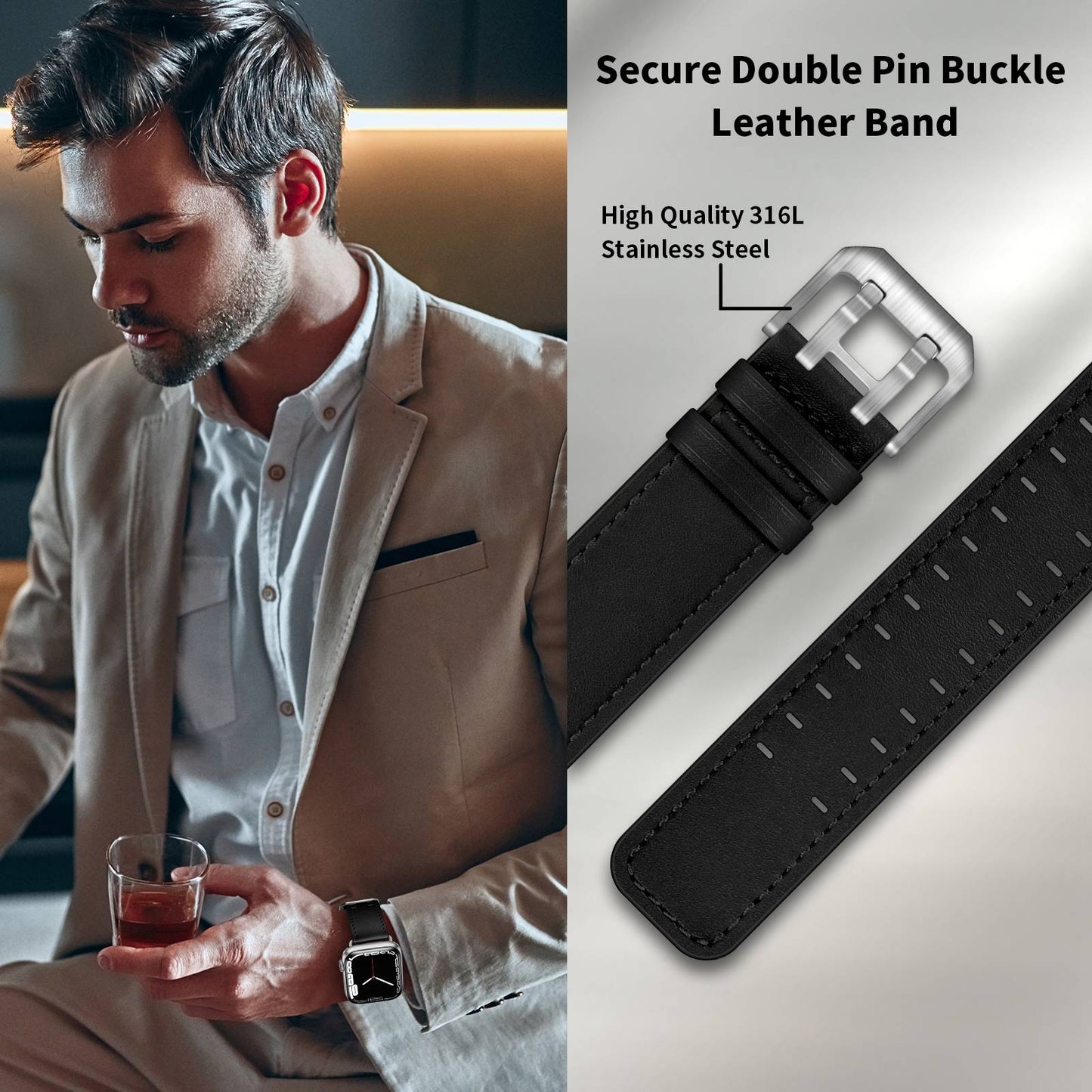 for Apple Watch Ultra 49mm / Series 8 45mm / Series 7 45mm / Series 6 / 5 / 4 / SE 44mm / SE (2022) 44mm / SE 44mm / Series 3 / 2 / 1 42mm Genuine Leather Watch Band Quick Release Strap Replacement - Black / Silver Buckle