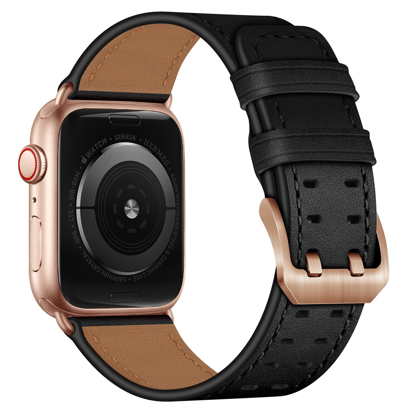 for Apple Watch Ultra 49mm / Series 8 45mm / Series 7 45mm / Series 6 / 5 / 4 / SE 44mm / SE (2022) 44mm / SE 44mm / Series 3 / 2 / 1 42mm Genuine Leather Watch Band Quick Release Strap Replacement - Black / Rose Gold Buckle