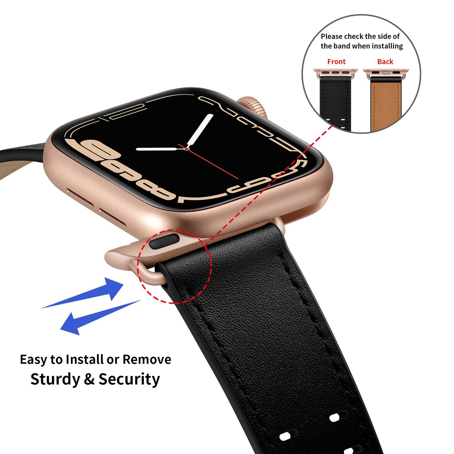 for Apple Watch Ultra 49mm / Series 8 45mm / Series 7 45mm / Series 6 / 5 / 4 / SE 44mm / SE (2022) 44mm / SE 44mm / Series 3 / 2 / 1 42mm Genuine Leather Watch Band Quick Release Strap Replacement - Black / Rose Gold Buckle