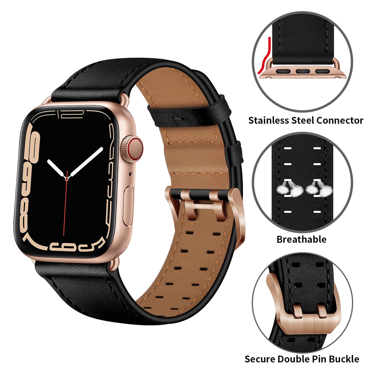 for Apple Watch Ultra 49mm / Series 8 45mm / Series 7 45mm / Series 6 / 5 / 4 / SE 44mm / SE (2022) 44mm / SE 44mm / Series 3 / 2 / 1 42mm Genuine Leather Watch Band Quick Release Strap Replacement - Black / Rose Gold Buckle