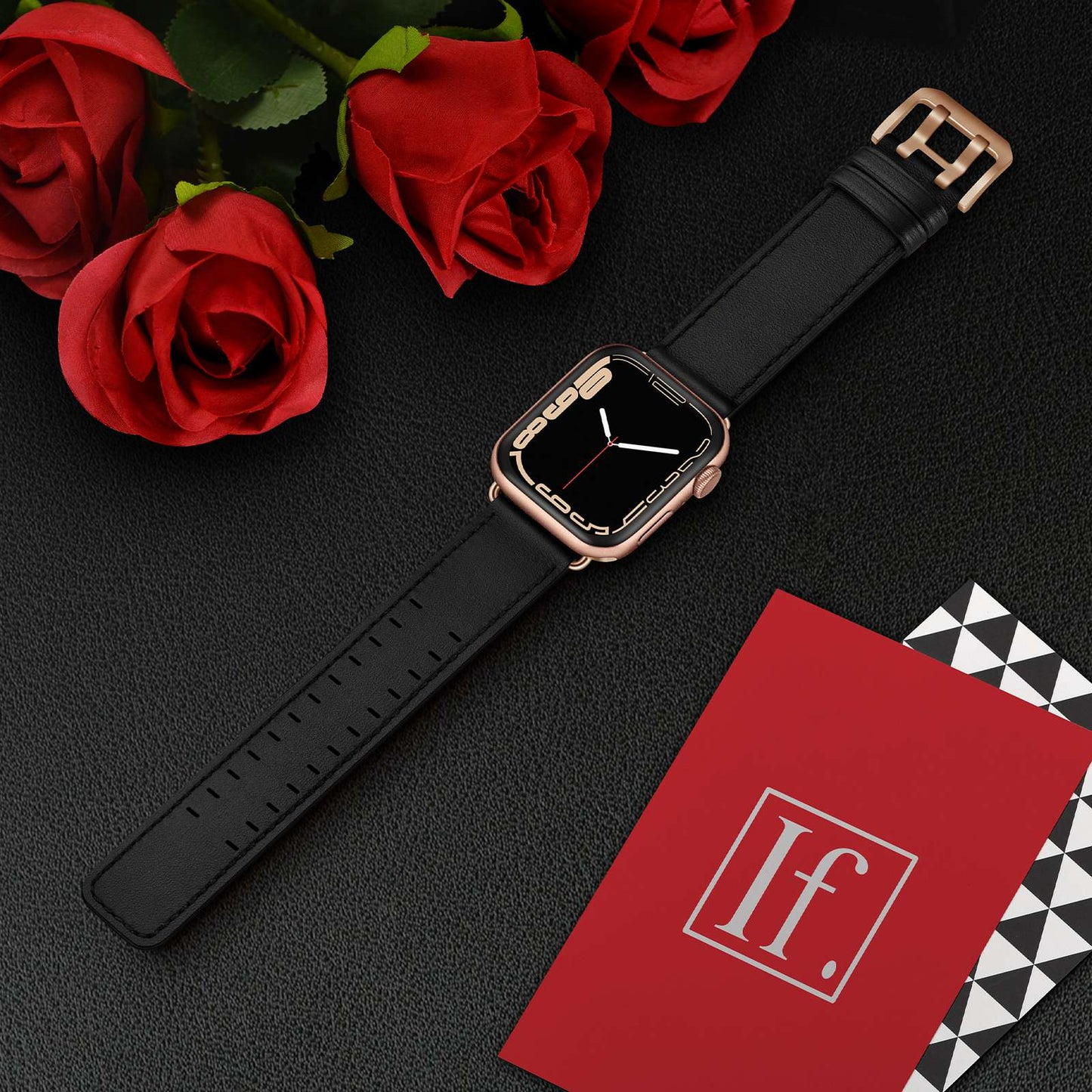 for Apple Watch Ultra 49mm / Series 8 45mm / Series 7 45mm / Series 6 / 5 / 4 / SE 44mm / SE (2022) 44mm / SE 44mm / Series 3 / 2 / 1 42mm Genuine Leather Watch Band Quick Release Strap Replacement - Black / Rose Gold Buckle