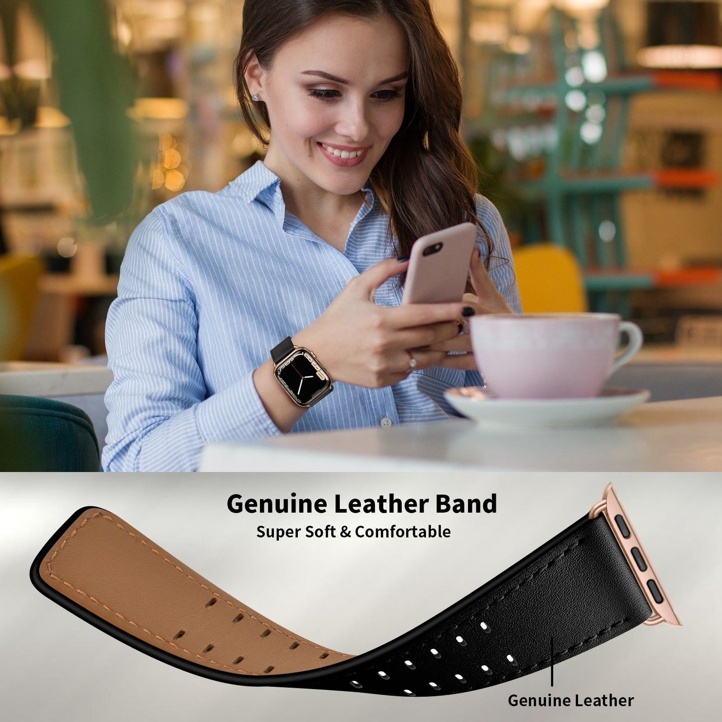 for Apple Watch Ultra 49mm / Series 8 45mm / Series 7 45mm / Series 6 / 5 / 4 / SE 44mm / SE (2022) 44mm / SE 44mm / Series 3 / 2 / 1 42mm Genuine Leather Watch Band Quick Release Strap Replacement - Black / Rose Gold Buckle