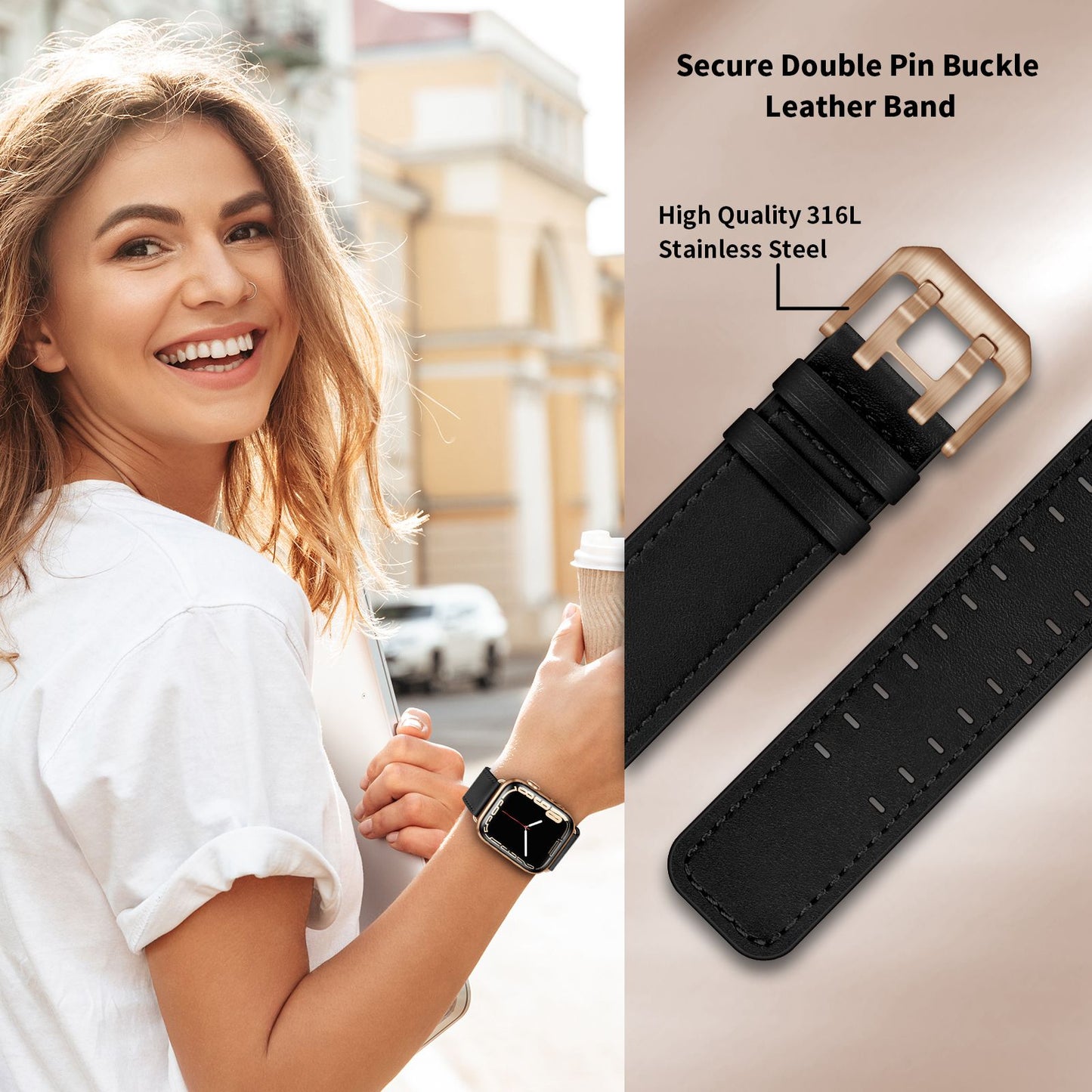 for Apple Watch Ultra 49mm / Series 8 45mm / Series 7 45mm / Series 6 / 5 / 4 / SE 44mm / SE (2022) 44mm / SE 44mm / Series 3 / 2 / 1 42mm Genuine Leather Watch Band Quick Release Strap Replacement - Black / Rose Gold Buckle