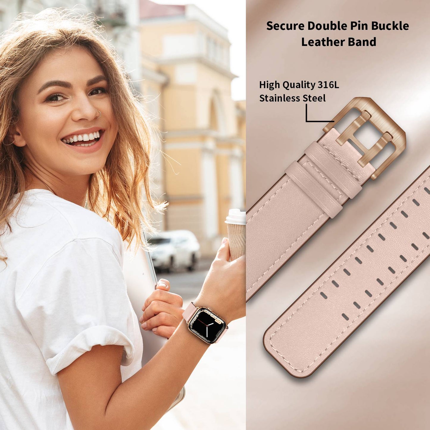 for Apple Watch Ultra 49mm / Series 8 45mm / Series 7 45mm / Series 6 / 5 / 4 / SE 44mm / SE (2022) 44mm / SE 44mm / Series 3 / 2 / 1 42mm Genuine Leather Watch Band Quick Release Strap Replacement - Pink