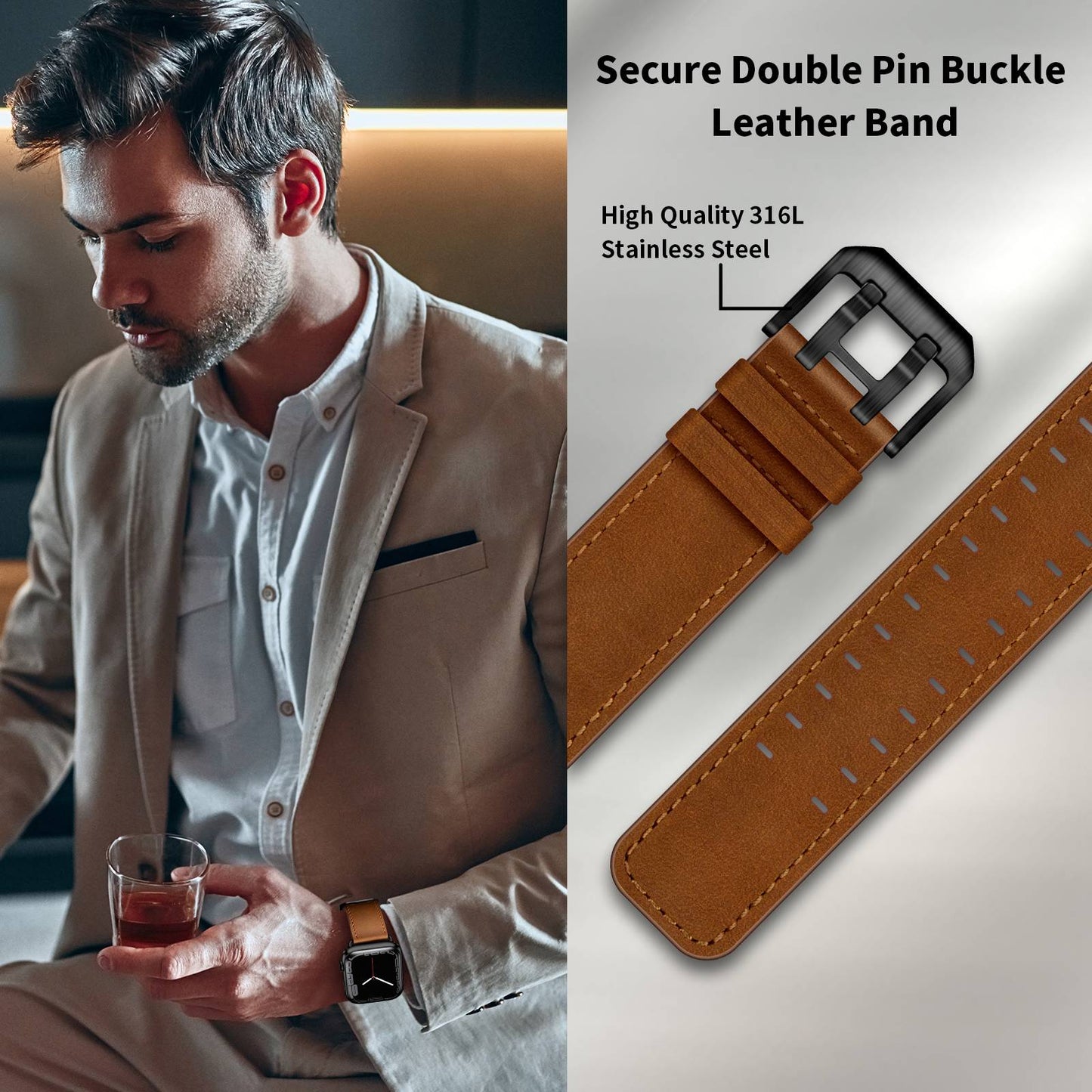for Apple Watch Ultra 49mm / Series 8 45mm / Series 7 45mm / Series 6 / 5 / 4 / SE 44mm / SE (2022) 44mm / SE 44mm / Series 3 / 2 / 1 42mm Genuine Leather Watch Band Quick Release Strap Replacement - Red Brown