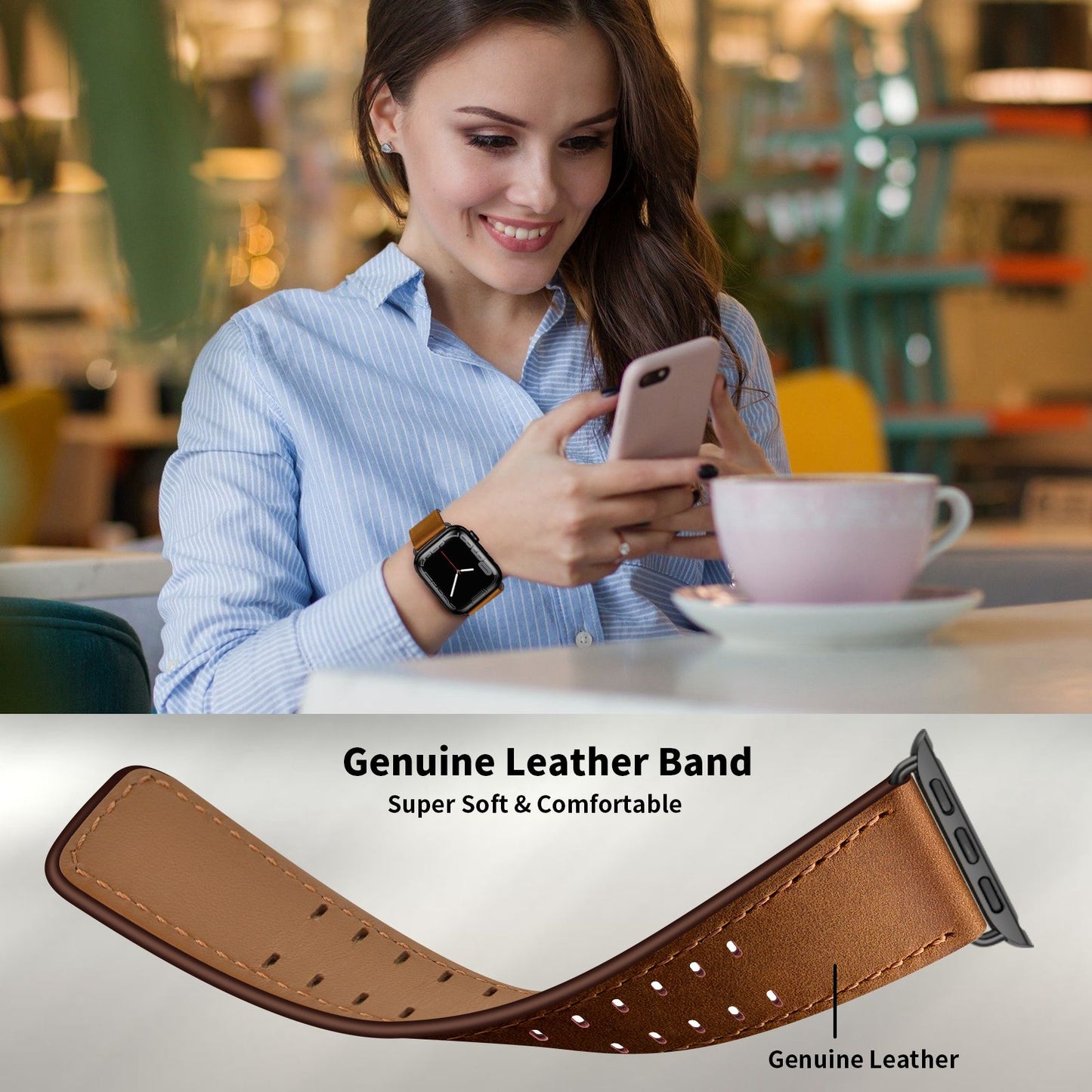 for Apple Watch Ultra 49mm / Series 8 45mm / Series 7 45mm / Series 6 / 5 / 4 / SE 44mm / SE (2022) 44mm / SE 44mm / Series 3 / 2 / 1 42mm Genuine Leather Watch Band Quick Release Strap Replacement - Red Brown