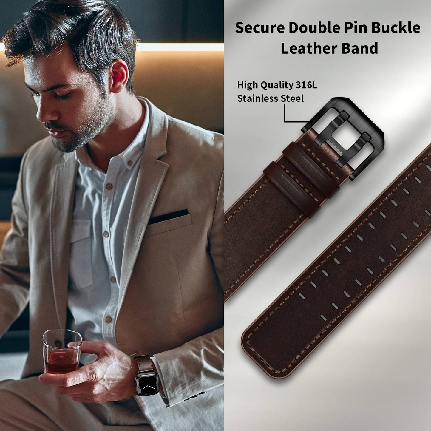 for Apple Watch Ultra 49mm / Series 8 45mm / Series 7 45mm / Series 6 / 5 / 4 / SE 44mm / SE (2022) 44mm / SE 44mm / Series 3 / 2 / 1 42mm Genuine Leather Watch Band Quick Release Strap Replacement - Dark Brown