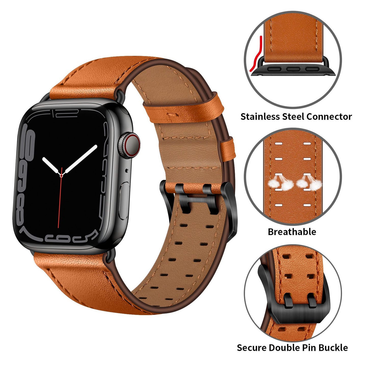 for Apple Watch Ultra 49mm / Series 8 45mm / Series 7 45mm / Series 6 / 5 / 4 / SE 44mm / SE (2022) 44mm / SE 44mm / Series 3 / 2 / 1 42mm Genuine Leather Watch Band Quick Release Strap Replacement - Brown / Black Buckle