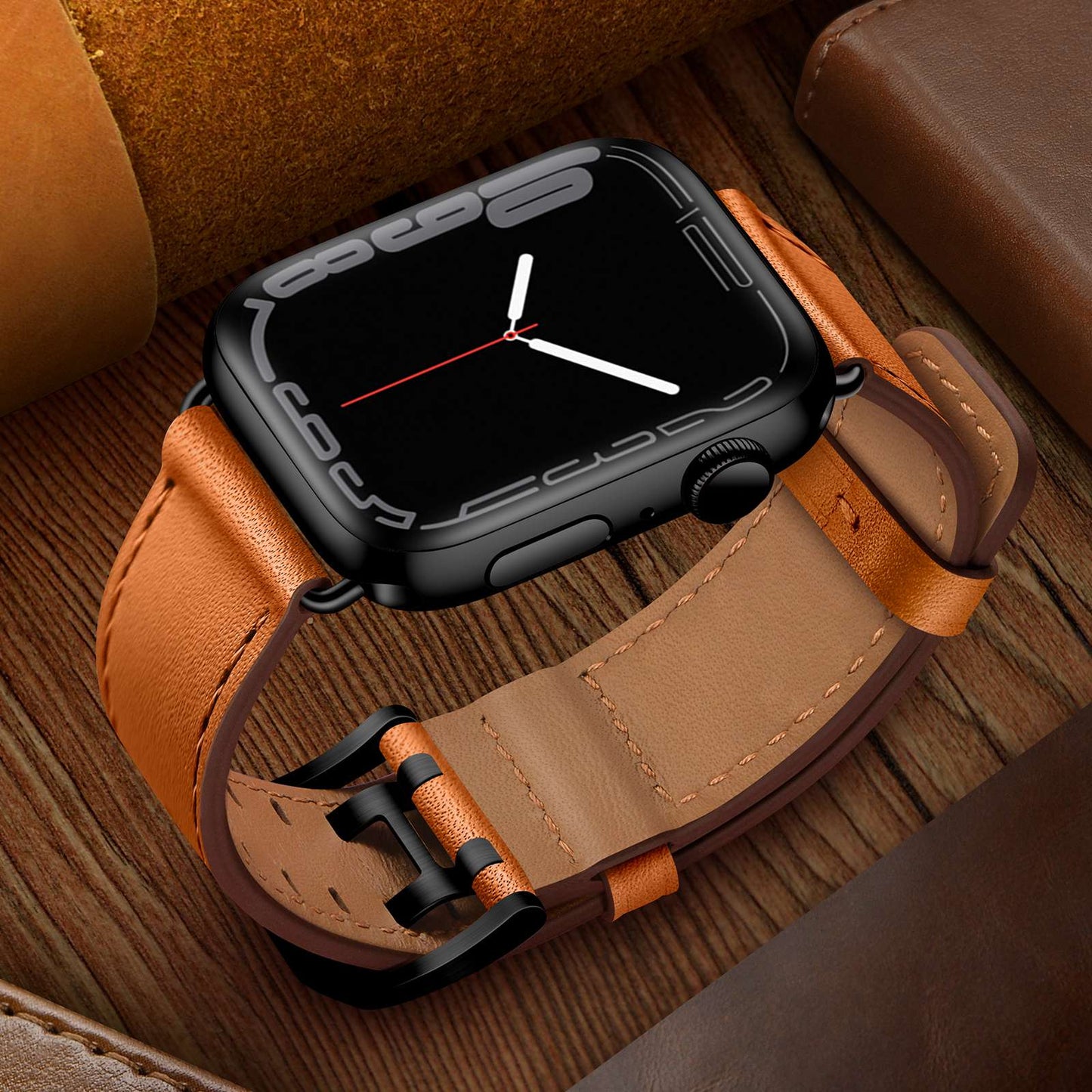 for Apple Watch Ultra 49mm / Series 8 45mm / Series 7 45mm / Series 6 / 5 / 4 / SE 44mm / SE (2022) 44mm / SE 44mm / Series 3 / 2 / 1 42mm Genuine Leather Watch Band Quick Release Strap Replacement - Brown / Black Buckle
