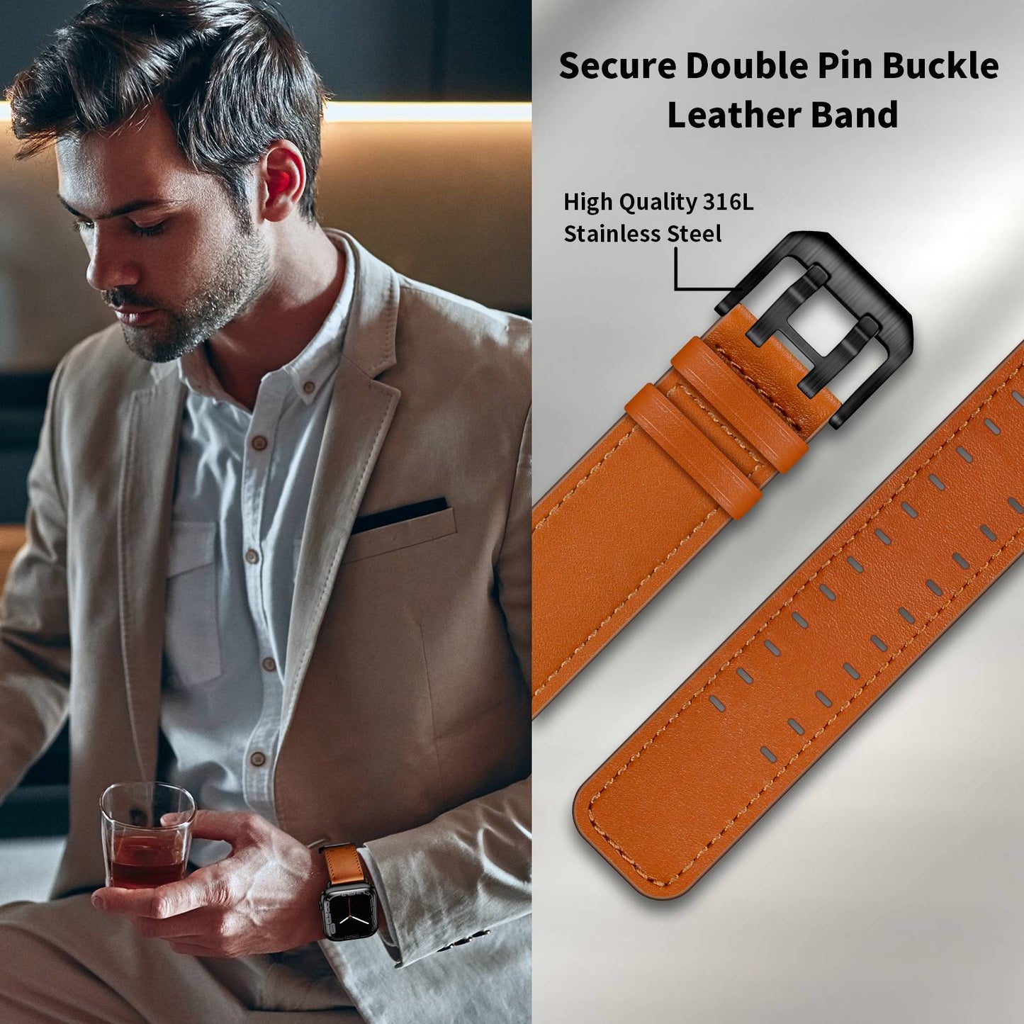 for Apple Watch Ultra 49mm / Series 8 45mm / Series 7 45mm / Series 6 / 5 / 4 / SE 44mm / SE (2022) 44mm / SE 44mm / Series 3 / 2 / 1 42mm Genuine Leather Watch Band Quick Release Strap Replacement - Brown / Black Buckle