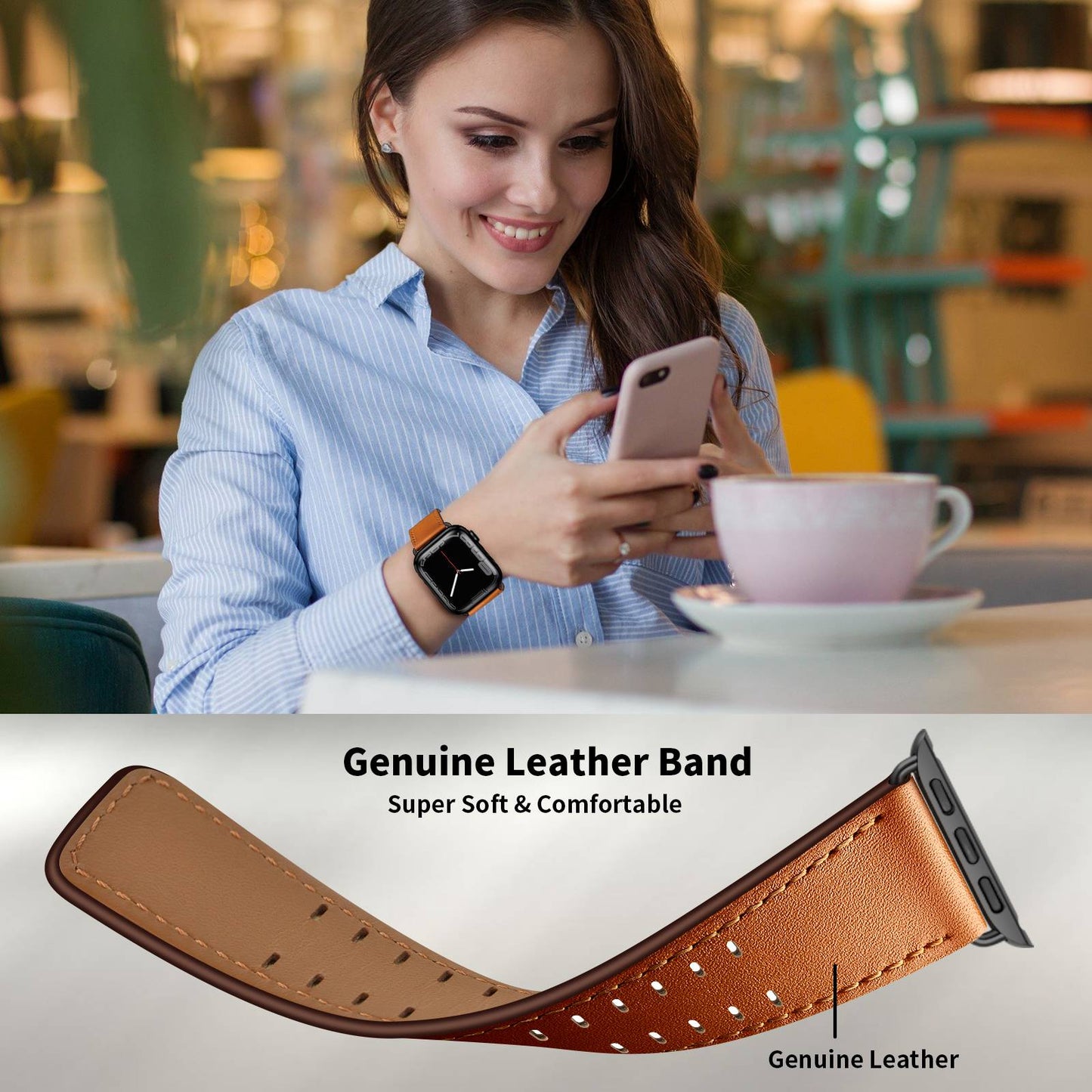 for Apple Watch Ultra 49mm / Series 8 45mm / Series 7 45mm / Series 6 / 5 / 4 / SE 44mm / SE (2022) 44mm / SE 44mm / Series 3 / 2 / 1 42mm Genuine Leather Watch Band Quick Release Strap Replacement - Brown / Black Buckle