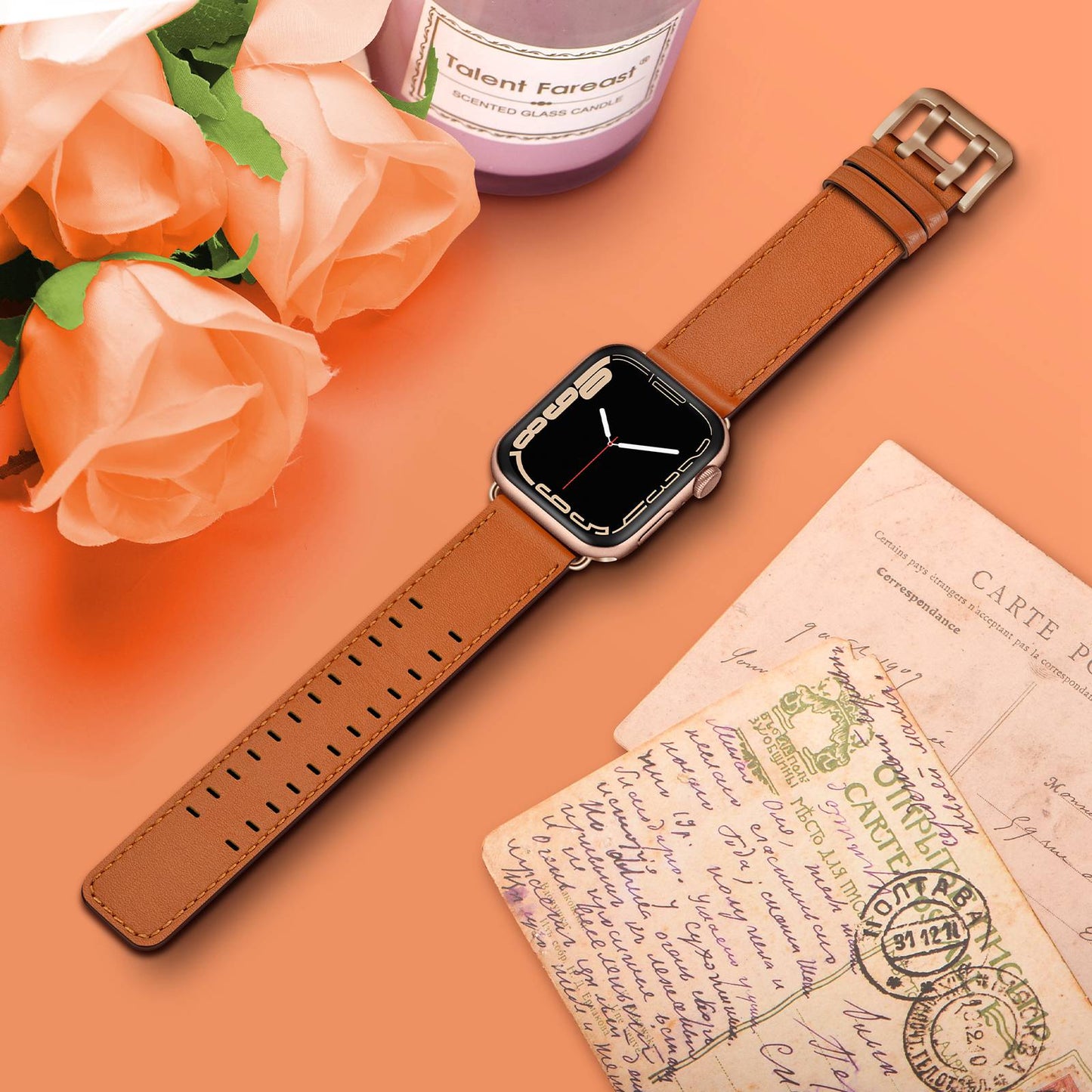 for Apple Watch Ultra 49mm / Series 8 45mm / Series 7 45mm / Series 6 / 5 / 4 / SE 44mm / SE (2022) 44mm / SE 44mm / Series 3 / 2 / 1 42mm Genuine Leather Watch Band Quick Release Strap Replacement - Brown / Rose Gold Buckle
