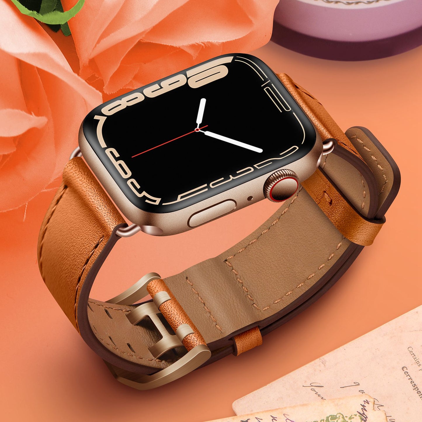 for Apple Watch Ultra 49mm / Series 8 45mm / Series 7 45mm / Series 6 / 5 / 4 / SE 44mm / SE (2022) 44mm / SE 44mm / Series 3 / 2 / 1 42mm Genuine Leather Watch Band Quick Release Strap Replacement - Brown / Rose Gold Buckle