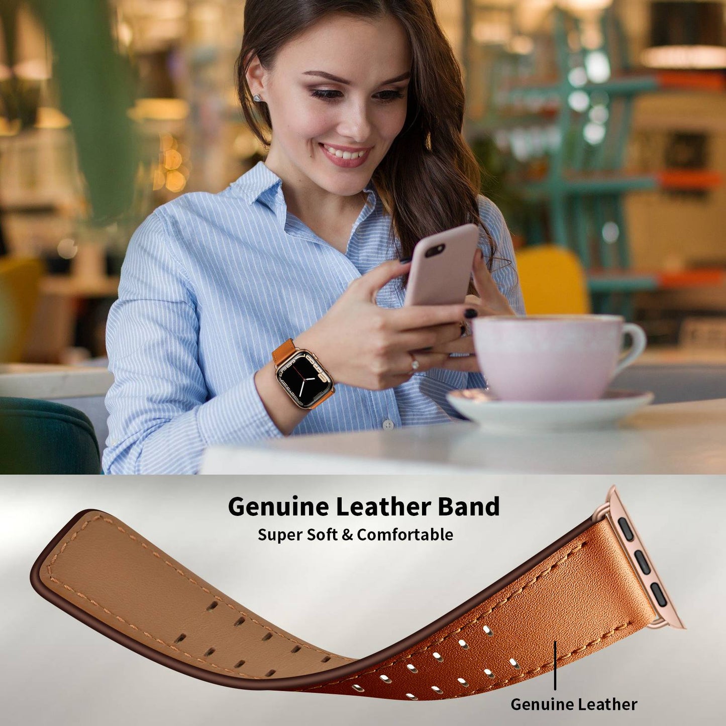 for Apple Watch Ultra 49mm / Series 8 45mm / Series 7 45mm / Series 6 / 5 / 4 / SE 44mm / SE (2022) 44mm / SE 44mm / Series 3 / 2 / 1 42mm Genuine Leather Watch Band Quick Release Strap Replacement - Brown / Rose Gold Buckle