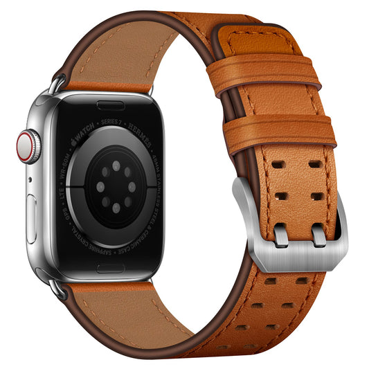 for Apple Watch Ultra 49mm / Series 8 45mm / Series 7 45mm / Series 6 / 5 / 4 / SE 44mm / SE (2022) 44mm / SE 44mm / Series 3 / 2 / 1 42mm Genuine Leather Watch Band Quick Release Strap Replacement - Brown / Silver Buckle