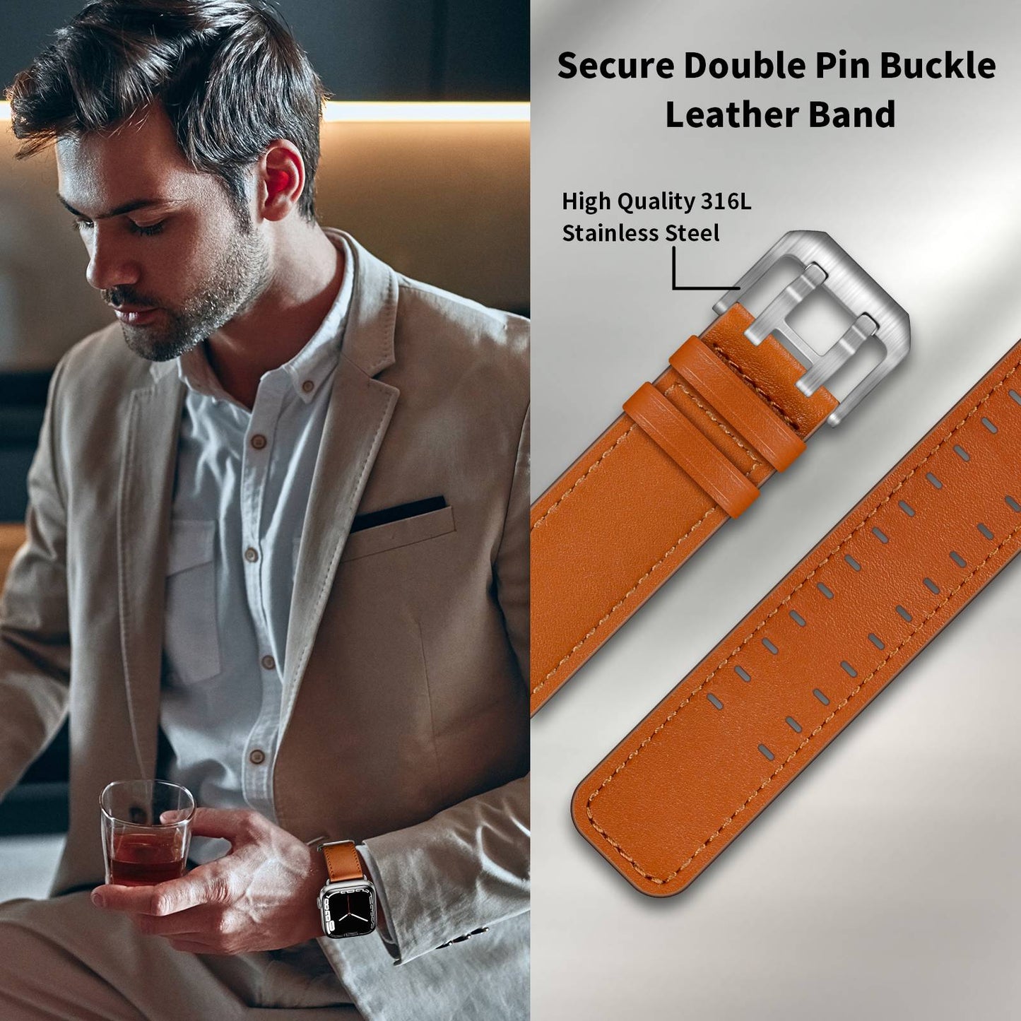 for Apple Watch Ultra 49mm / Series 8 45mm / Series 7 45mm / Series 6 / 5 / 4 / SE 44mm / SE (2022) 44mm / SE 44mm / Series 3 / 2 / 1 42mm Genuine Leather Watch Band Quick Release Strap Replacement - Brown / Silver Buckle