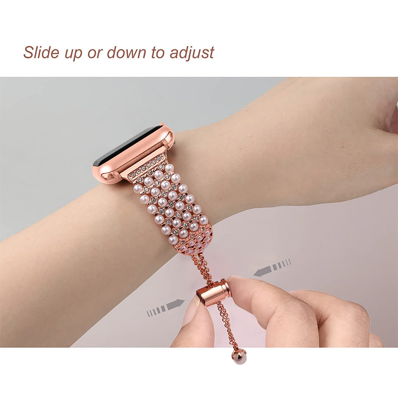 for Apple Watch Ultra 49mm / Series 8 45mm / 7 45mm / SE / SE (2022) 44mm / 4 / 5 / 6 44mm / 3 / 2 / 1 42mm Stylish Pearls Rhinestone Decor Bracelet Metal Watch Band Wrist Strap - Rose Gold