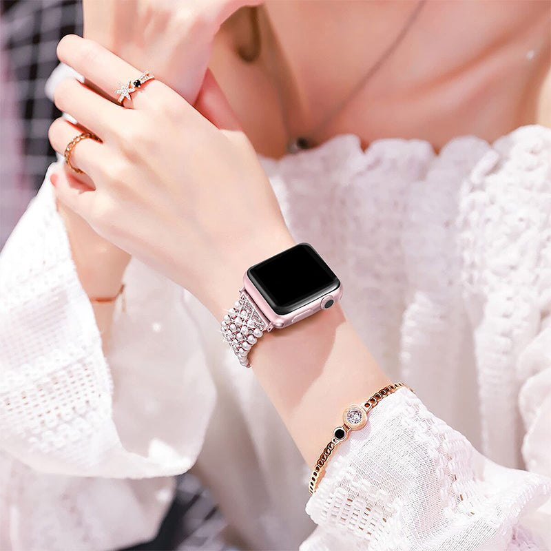 for Apple Watch Series 8 41mm / Series 7 41mm / SE / 4 / 5 / 6 40mm / 3 / 2 / 1 38mm Fashionable Pearls Rhinestone Decor Bracelet Metal Watch Band Replacement Wrist Strap - Rose Gold