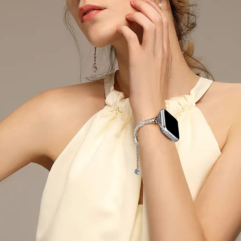 for Apple Watch Ultra 49mm / Series 8 45mm / 7 45mm / SE / SE (2022) 44mm / 4 / 5 / 6 44mm / 3 / 2 / 1 42mm Rhinestone Decor Anti-sweat Stylish Bracelet Metal Watch Band Wrist Strap Replacement - Silver