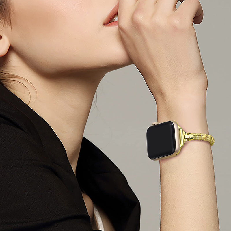 for Apple Watch Ultra 49mm / Series 8 45mm / 7 45mm / SE / SE (2022) 44mm / 4 / 5 / 6 44mm / 3 / 2 / 1 42mm Stylish Durable Bracelet Metal Smart Watch Band Wrist Strap Replacement - Gold