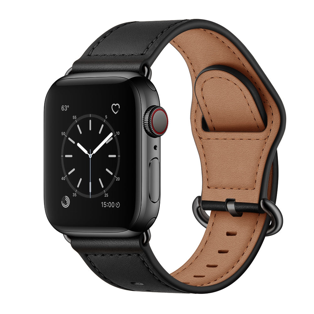 for Apple Watch Ultra 49mm / Series 8 45mm / 7 45mm / 6 / 5 / 4 / SE 44mm / SE (2022) 44mm / 3 / 2 / 1 42mm Textured Genuine Leather Watch Band Adjustable Wrist Strap Replacement - Black / Pin Texture / Black