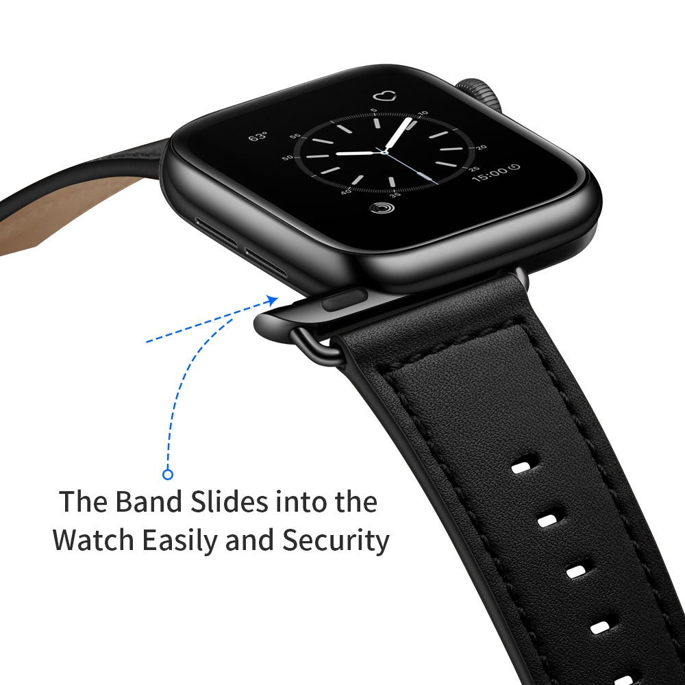 for Apple Watch Ultra 49mm / Series 8 45mm / 7 45mm / 6 / 5 / 4 / SE 44mm / SE (2022) 44mm / 3 / 2 / 1 42mm Textured Genuine Leather Watch Band Adjustable Wrist Strap Replacement - Black / Pin Texture / Black