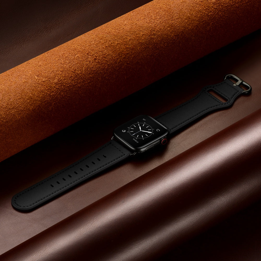 for Apple Watch Ultra 49mm / Series 8 45mm / 7 45mm / 6 / 5 / 4 / SE 44mm / SE (2022) 44mm / 3 / 2 / 1 42mm Textured Genuine Leather Watch Band Adjustable Wrist Strap Replacement - Black / Pin Texture / Black