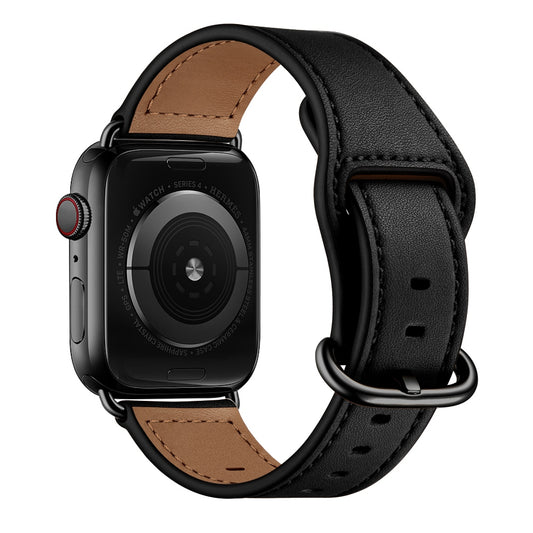 for Apple Watch Series 8 41mm / Series 7 41mm / 6 / 5 / 4 / SE / SE(2022) 40mm / 3 / 2 / 1 38mm Genuine Leather Watch Strap Replacement Wrist Band - Black / Pin Texture / Black
