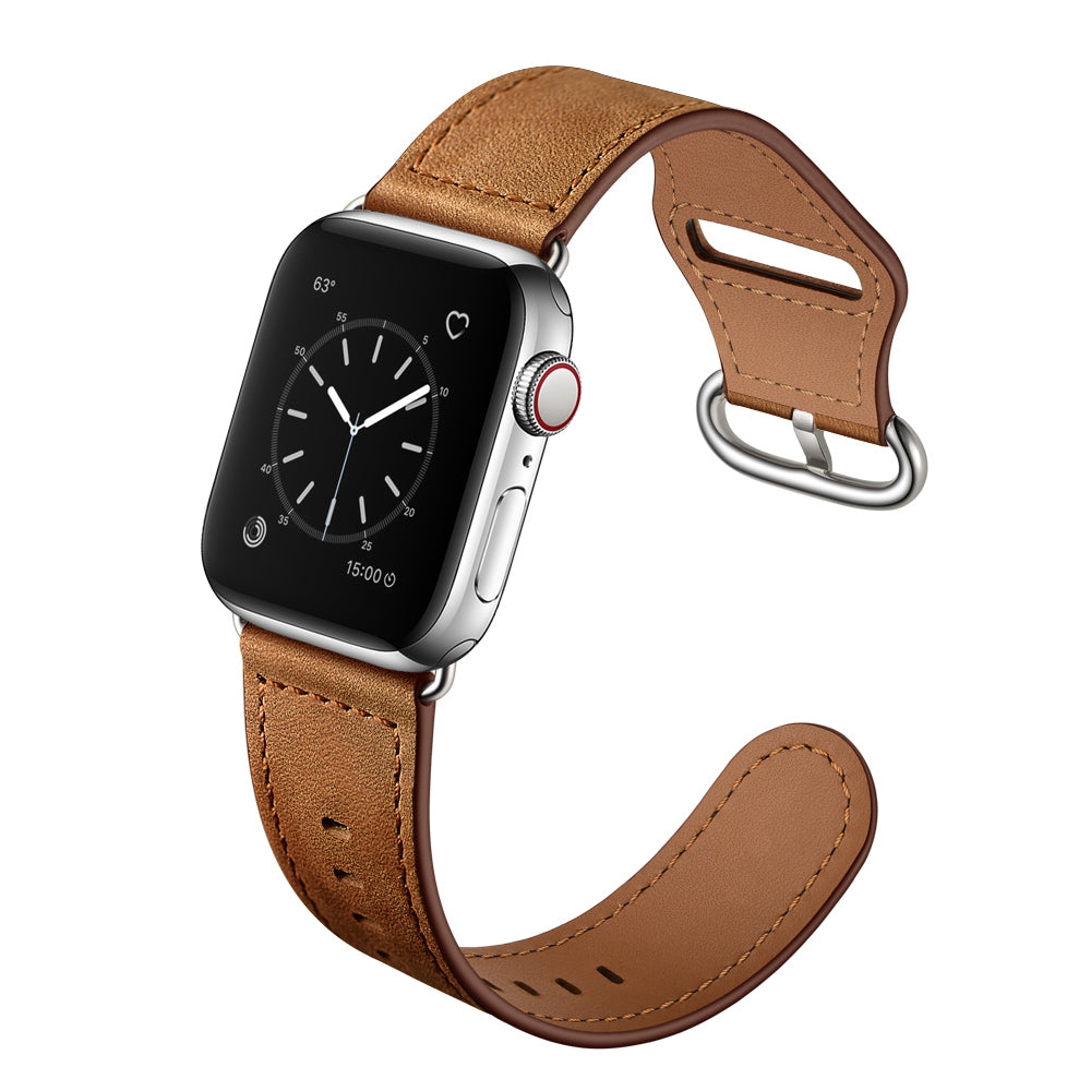 for Apple Watch Series 8 41mm / Series 7 41mm / 6 / 5 / 4 / SE / SE(2022) 40mm / 3 / 2 / 1 38mm Genuine Leather Watch Strap Replacement Wrist Band - Brown / Crazy Horse Texture / Silver