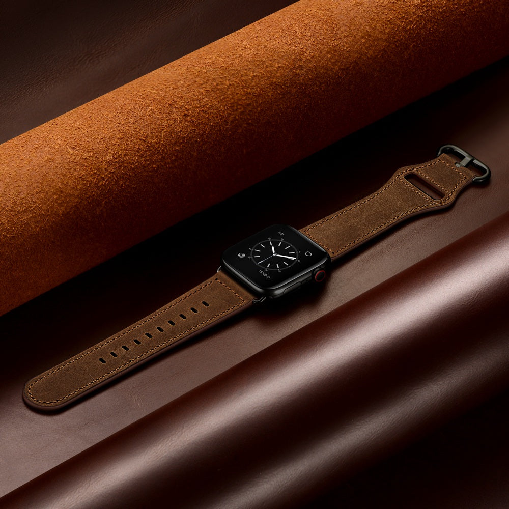 for Apple Watch Series 8 41mm / Series 7 41mm / 6 / 5 / 4 / SE / SE(2022) 40mm / 3 / 2 / 1 38mm Genuine Leather Watch Strap Replacement Wrist Band - Dark Brown / Crazy Horse Texture / Black