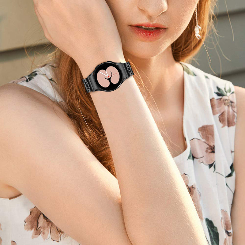 For Samsung Galaxy Watch4 Active 40mm / 44mm / Watch4 Classic 42mm / 46mm Stainless Steel Replacement Band 7 Beads Watch Bracelet Strap - Black
