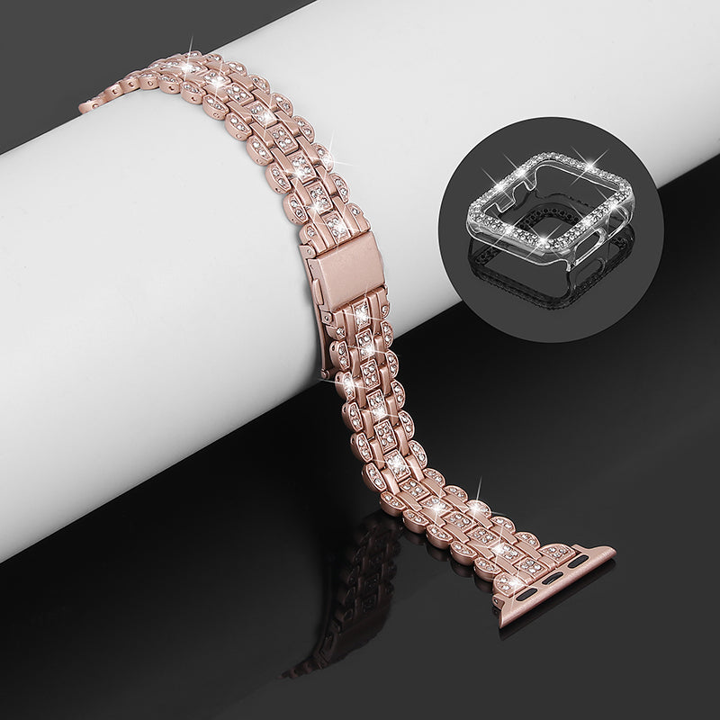 For Apple Watch Series 1 / 2 / 3 38mm Rhinestone Decor Stainless Steel Smart Watch Band with Hollow-out PC Watch Case - Pink / Gold