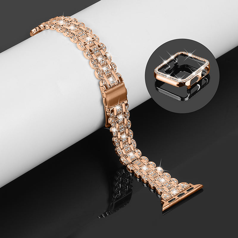 For Apple Watch Series 1 / 2 / 3 38mm Rhinestone Decor Stainless Steel Smart Watch Band with Hollow-out PC Watch Case - Rose Gold