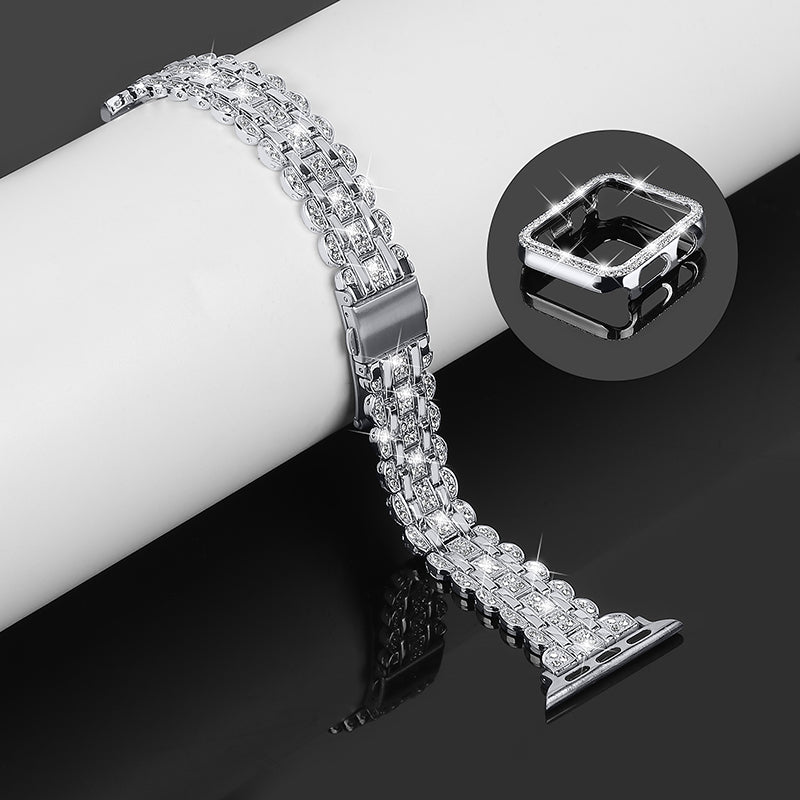 For Apple Watch Series 1 / 2 / 3 38mm Rhinestone Decor Stainless Steel Smart Watch Band with Hollow-out PC Watch Case - Silver