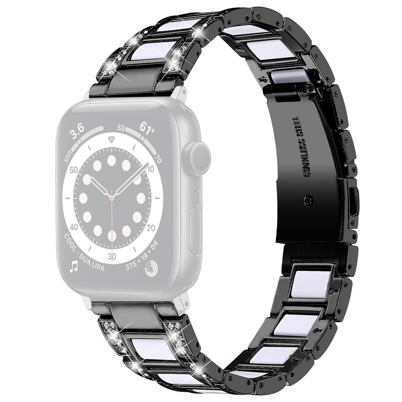 for Apple Watch Ultra 49mm / Series 8 45mm / 7 45mm / Series 6 / 5 / 4 / SE 44mm / SE (2022) 44mm / Series 3 / 2 / 1 42mm Resin Watch Band Rhinestone Decor Replacement Stainless Steel Strap - Black / White