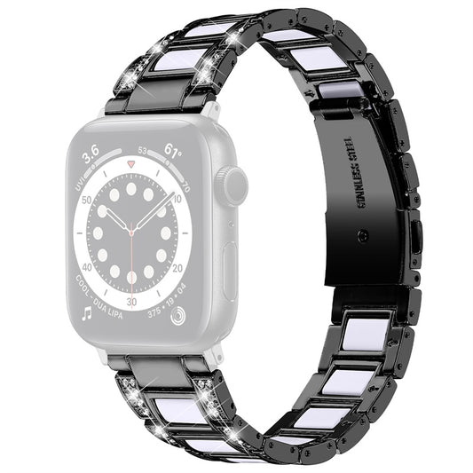 for Apple Watch Ultra 49mm / Series 8 45mm / 7 45mm / Series 6 / 5 / 4 / SE 44mm / SE (2022) 44mm / Series 3 / 2 / 1 42mm Resin Watch Band Rhinestone Decor Replacement Stainless Steel Strap - Black / White