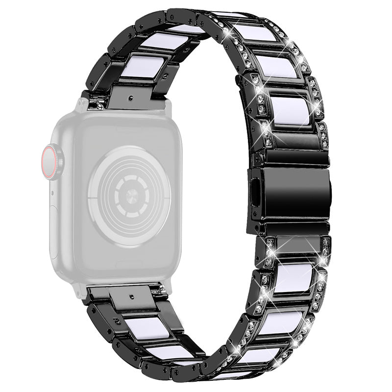 for Apple Watch Ultra 49mm / Series 8 45mm / 7 45mm / Series 6 / 5 / 4 / SE 44mm / SE (2022) 44mm / Series 3 / 2 / 1 42mm Resin Watch Band Rhinestone Decor Replacement Stainless Steel Strap - Black / White