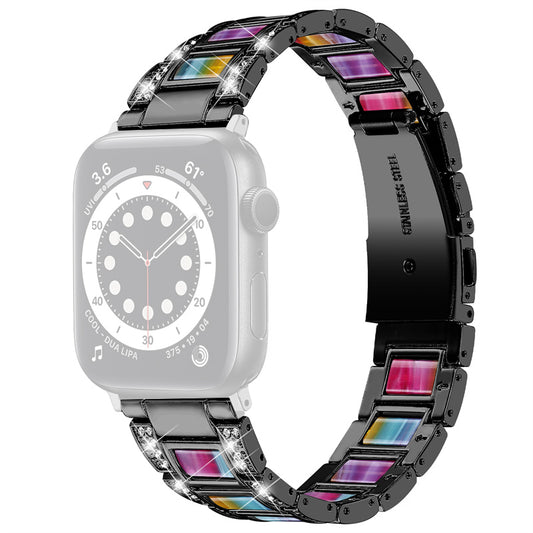 for Apple Watch Ultra 49mm / Series 8 45mm / 7 45mm / Series 6 / 5 / 4 / SE 44mm / SE (2022) 44mm / Series 3 / 2 / 1 42mm Resin Watch Band Rhinestone Decor Replacement Stainless Steel Strap - Black / Colorful