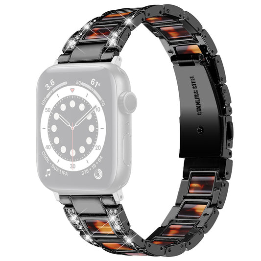 for Apple Watch Ultra 49mm / Series 8 45mm / 7 45mm / Series 6 / 5 / 4 / SE 44mm / SE (2022) 44mm / Series 3 / 2 / 1 42mm Resin Watch Band Rhinestone Decor Replacement Stainless Steel Strap - Black / Tortoiseshell Color