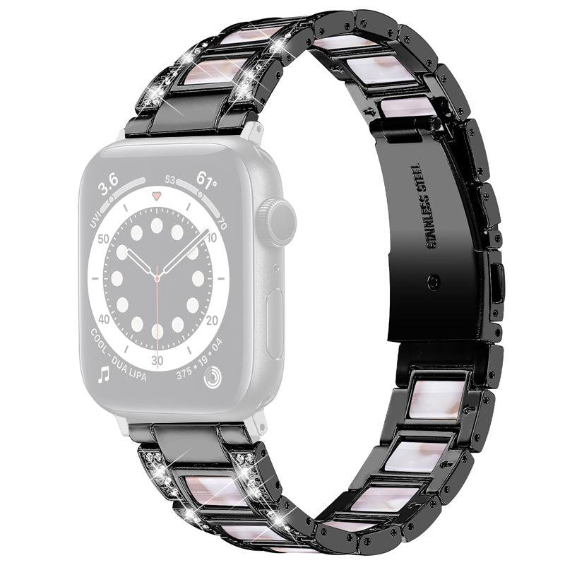 for Apple Watch Ultra 49mm / Series 8 45mm / 7 45mm / Series 6 / 5 / 4 / SE 44mm / SE (2022) 44mm / Series 3 / 2 / 1 42mm Resin Watch Band Rhinestone Decor Replacement Stainless Steel Strap - Black / Pink Mix