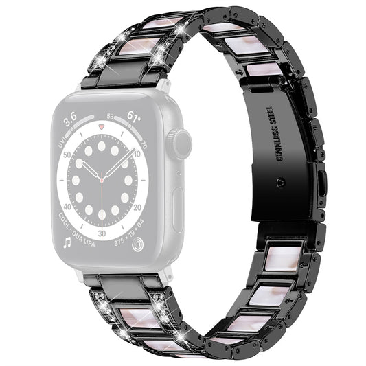 for Apple Watch Ultra 49mm / Series 8 45mm / 7 45mm / Series 6 / 5 / 4 / SE 44mm / SE (2022) 44mm / Series 3 / 2 / 1 42mm Resin Watch Band Rhinestone Decor Replacement Stainless Steel Strap - Black / Pink Mix