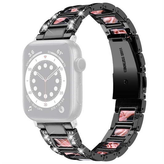 for Apple Watch Ultra 49mm / Series 8 45mm / 7 45mm / Series 6 / 5 / 4 / SE 44mm / SE (2022) 44mm / Series 3 / 2 / 1 42mm Resin Watch Band Rhinestone Decor Replacement Stainless Steel Strap - Black / Black Pink Mix