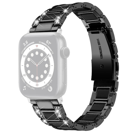 for Apple Watch Ultra 49mm / Series 8 45mm / 7 45mm / Series 6 / 5 / 4 / SE 44mm / SE (2022) 44mm / Series 3 / 2 / 1 42mm Resin Watch Band Rhinestone Decor Replacement Stainless Steel Strap - Black