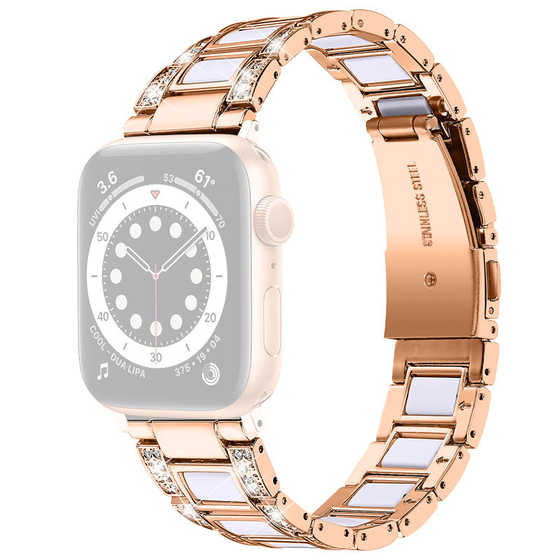 for Apple Watch Ultra 49mm / Series 8 45mm / 7 45mm / Series 6 / 5 / 4 / SE 44mm / SE (2022) 44mm / Series 3 / 2 / 1 42mm Resin Watch Band Rhinestone Decor Replacement Stainless Steel Strap - Rose Gold / White