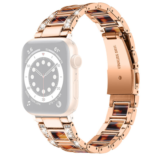 for Apple Watch Ultra 49mm / Series 8 45mm / 7 45mm / Series 6 / 5 / 4 / SE 44mm / SE (2022) 44mm / Series 3 / 2 / 1 42mm Resin Watch Band Rhinestone Decor Replacement Stainless Steel Strap - Rose Gold / Tortoiseshell Color