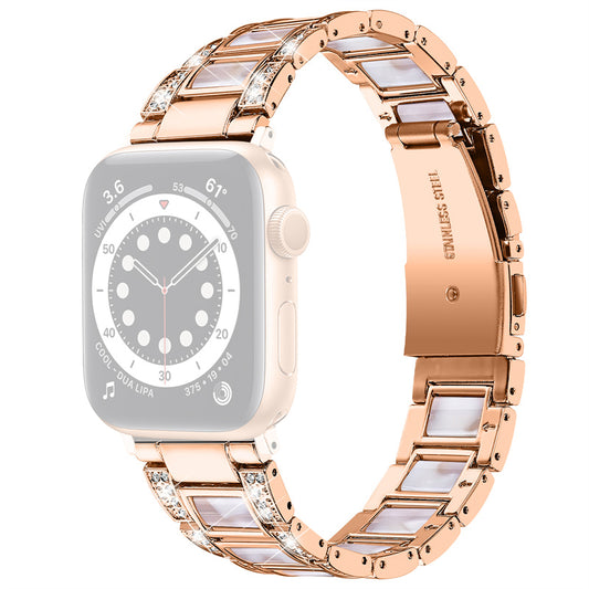 for Apple Watch Ultra 49mm / Series 8 45mm / 7 45mm / Series 6 / 5 / 4 / SE 44mm / SE (2022) 44mm / Series 3 / 2 / 1 42mm Resin Watch Band Rhinestone Decor Replacement Stainless Steel Strap - Rose Gold / Pink Mix