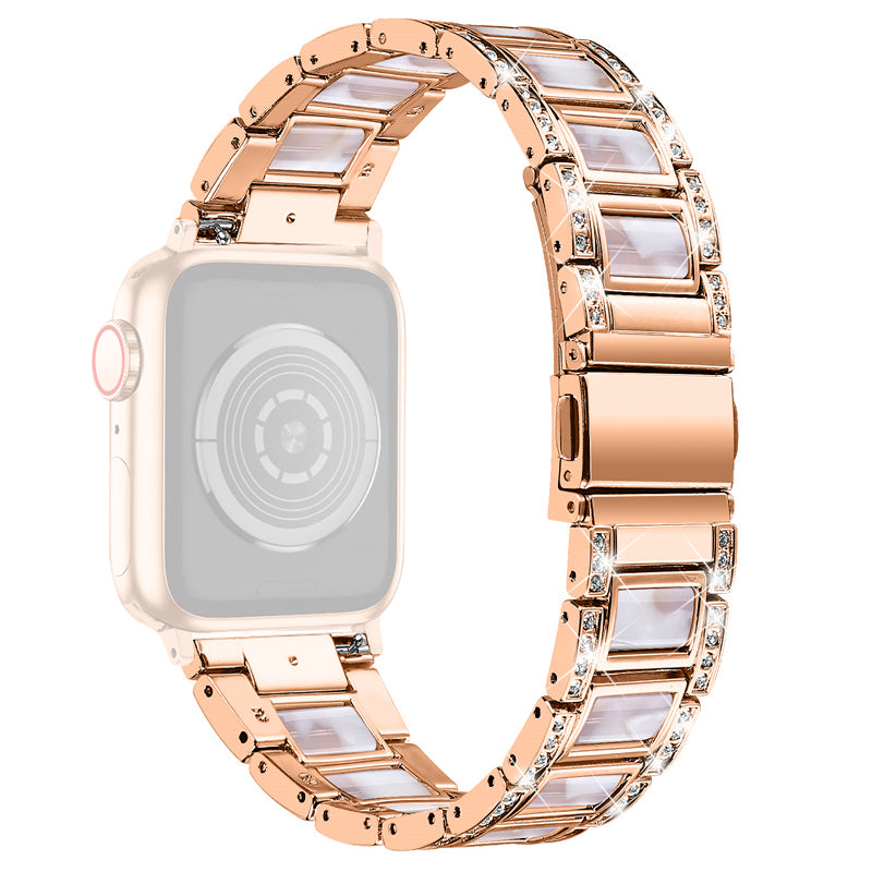 for Apple Watch Ultra 49mm / Series 8 45mm / 7 45mm / Series 6 / 5 / 4 / SE 44mm / SE (2022) 44mm / Series 3 / 2 / 1 42mm Resin Watch Band Rhinestone Decor Replacement Stainless Steel Strap - Rose Gold / Pink Mix