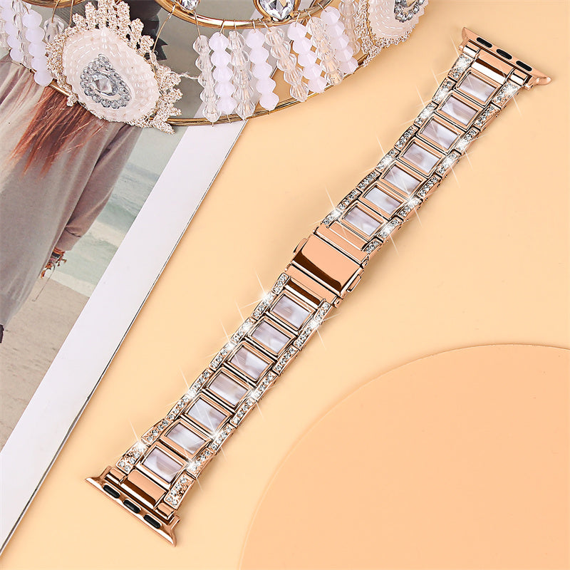 for Apple Watch Ultra 49mm / Series 8 45mm / 7 45mm / Series 6 / 5 / 4 / SE 44mm / SE (2022) 44mm / Series 3 / 2 / 1 42mm Resin Watch Band Rhinestone Decor Replacement Stainless Steel Strap - Rose Gold / Pink Mix