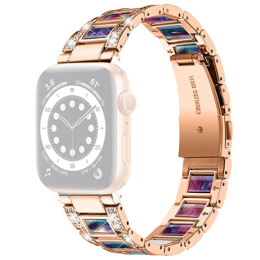 for Apple Watch Ultra 49mm / Series 8 45mm / 7 45mm / Series 6 / 5 / 4 / SE 44mm / SE (2022) 44mm / Series 3 / 2 / 1 42mm Resin Watch Band Rhinestone Decor Replacement Stainless Steel Strap - Rose Gold / Pink