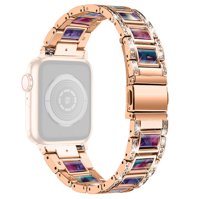 for Apple Watch Ultra 49mm / Series 8 45mm / 7 45mm / Series 6 / 5 / 4 / SE 44mm / SE (2022) 44mm / Series 3 / 2 / 1 42mm Resin Watch Band Rhinestone Decor Replacement Stainless Steel Strap - Rose Gold / Pink